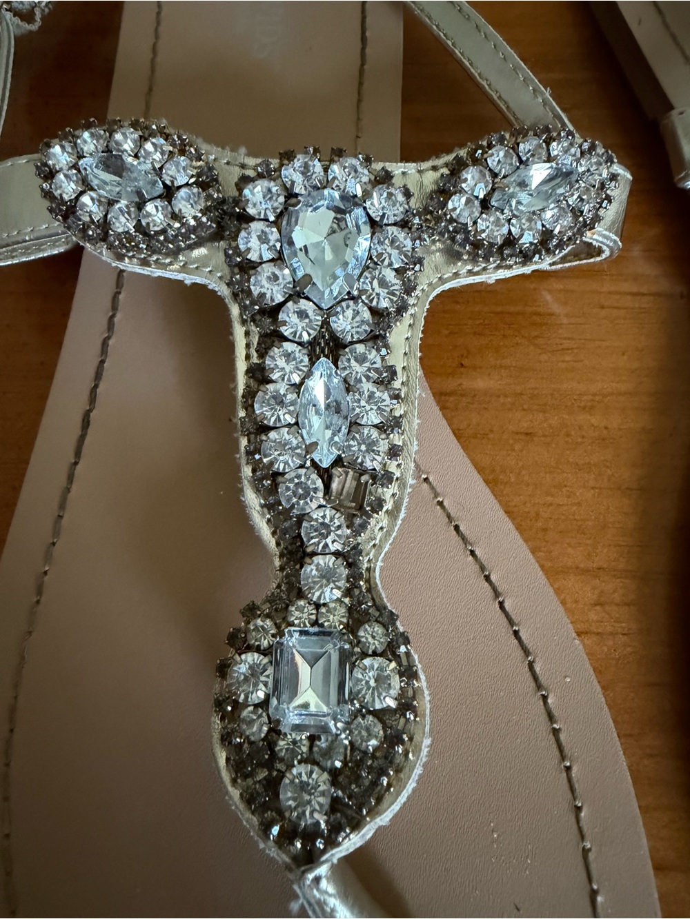 David's Bridal Gold Jeweled T-Strap Sandals with Crystal Accents - Picture 2 of 5